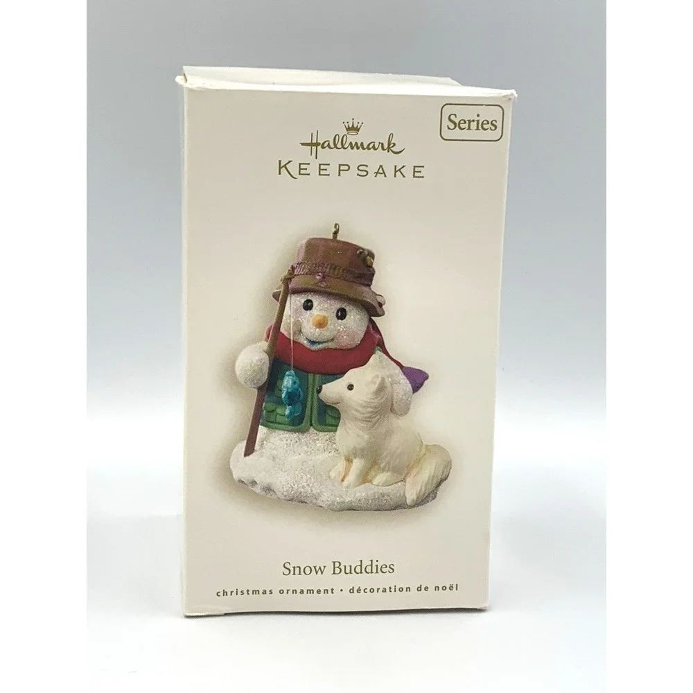 2008 Snow Buddies Hallmark Keepsake Ornament Fishing Snowman with  White Fox #11